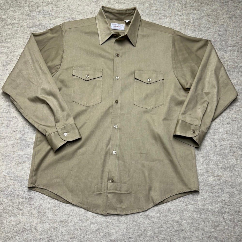 Big Yank Mens Long Sleeve Button Up Shirt Workwear Military Khaki Size 16 1/2 Lg